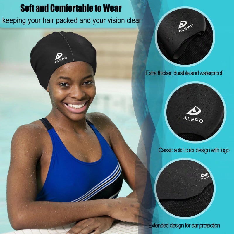 Alepo Extra Large Swim Cap for Women Men, Durable Silicone Swimming Hat with Ear Protection, Unisex Adults Bath Swimming Caps for Long Thick Curly Hair & Dreadlocks Braids Weaves Afro Hair - Image 3